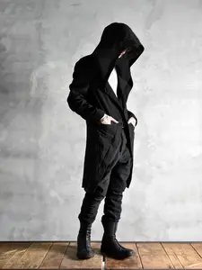 Men's Asymmetric Hooded Long Sleeve Trench Coat Jackets – Black Avant-Garde Outerwear with Oversized Draped Design for Edgy Street & TikTok Fashion