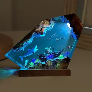 Shark Ocean Resin Lamp, Handmade Wooden Table Resin Night Light, USB Port Art Ornaments for Home Office Decor, Scuba Diver Gifts for Birthday Holiday, Valentine's Day Gifts for Husband