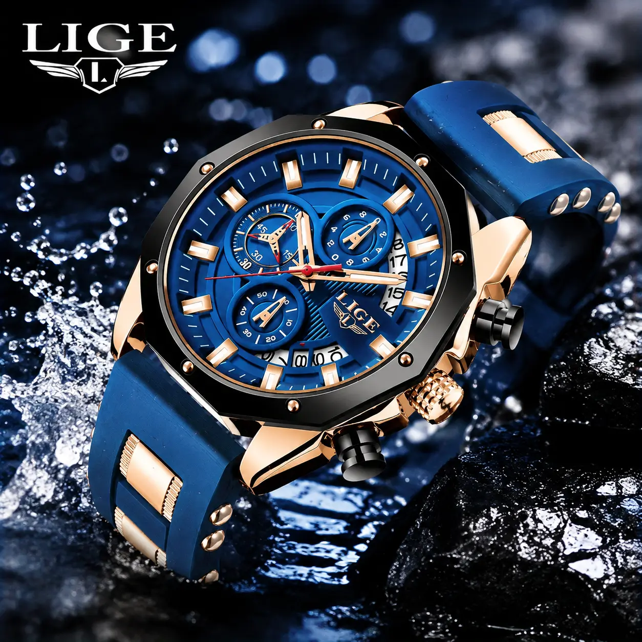 LIGE Men's Sporty Analog Quartz Watch, Round Face Chronograph with Blue Silicone Strap, 30M Water Resistant, Ideal Father's Day Gift, Analog Quartz Watches, Water Resistant Watch