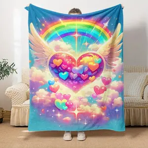 1pc a Luminous, Colorful, Soft, And Warm Blanket Featuring a Love Rainbow Cloud Design. This Lightweight Flannel Throw Is Perfect for Use on a Sofa, Bed, Or in The Bedroom, Living Room, Office, Couch, Or Chair. Ideal for Camping, Picnics, Travel