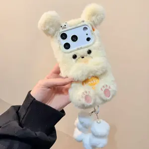 Cute Bear Plush Fluffy Phone Case for iPhone 14/15/16/17 Pro, Soft Anti-Drop Protection, Heart Patch & Ball Chain, Aesthetic Fall Winter Accessory