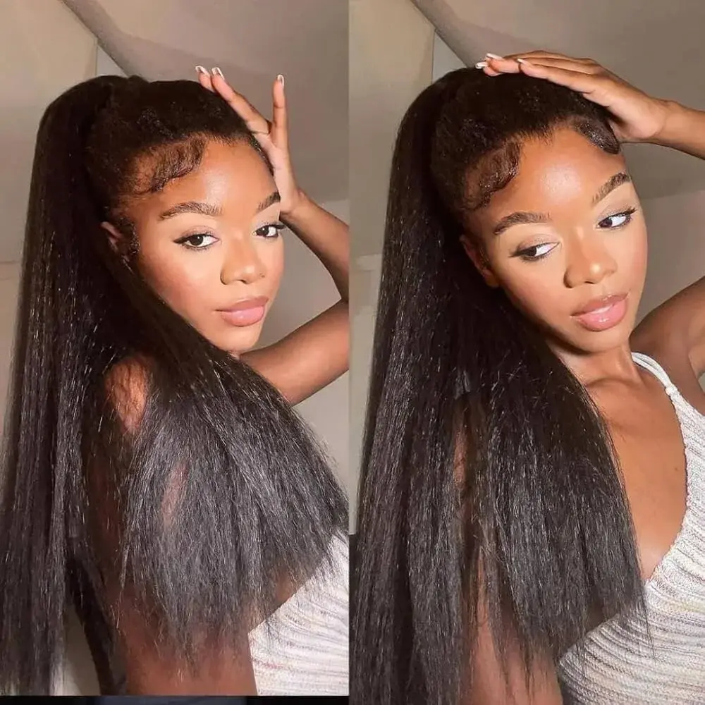 Kinky Straight Half Wig Human Hair 3 In 1 Half Wig Glueless Wigs With Elastic Drawstring Easy To remove Seamless Wig For Women Ready to Wear