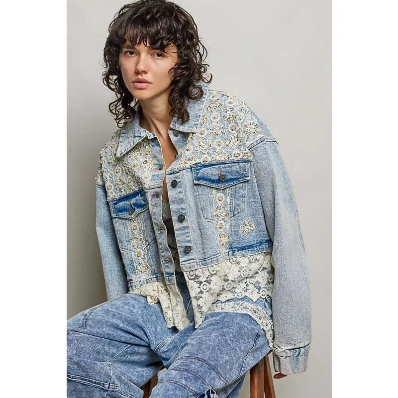 Stephanie Denim Embellished Lace Ruffle Jacket