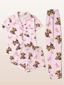 Women's 3-Piece Pajama Set, Short Sleeve Cardigan Top + Shorts + Long Pants, Striped Bowknot & Cute Highland Cow Print