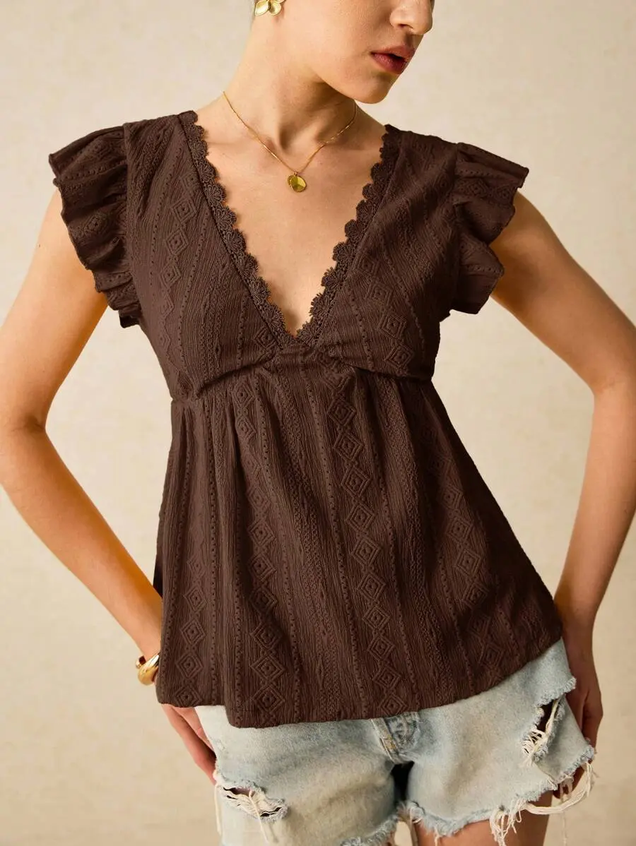 SHAWIX Summer Beach Holiday Jacquard Knit Cap Sleeve T-Shirt