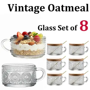 8 Pcs Vintage Coffee Mug Collection, Lovely Gifts For Her – 14oz Crystal Embossed Glass Cups with Bamboo Lids and Metal Spoons, Overnight Oats Canisters, Iced Coffee Drinking Tumblers, Cute Coffee Bar Accent & Gadgets