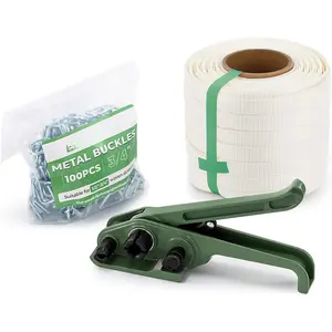 Banding Strapping Kit 3/4" x 330' Woven Cord Pallet Strapping Tool 2500lbs Tensile Strength Packaging Strapping Kit with 100 count Metal Buckles, Upgraded Tensioner