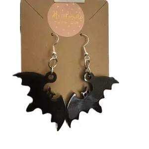 Handmade with Love Bats Epoxy Resin Dangling Earrings - Black Bat Design on Silver Hooks