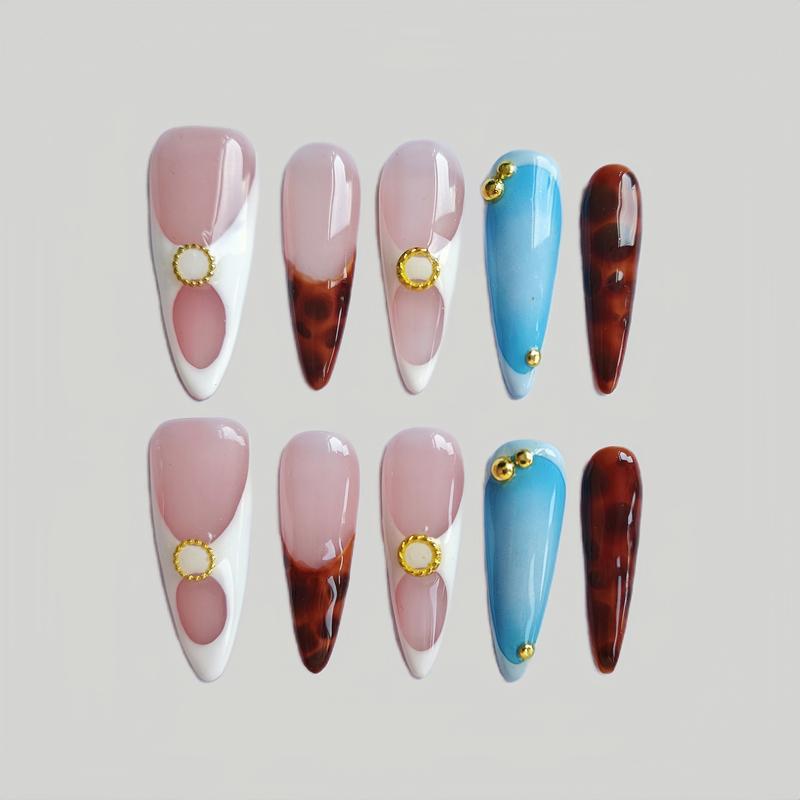 Nail Plus Handmade Retro Geometric Press On Nails, 10PCS Long Almond Acrylic Nails with White Blue Tortoise Shell Design & Gold Bead Rings, Reusable Nude Base Minimalist Nail Art Set for Women, Chic DIY Stick On Nails, Salon Quality