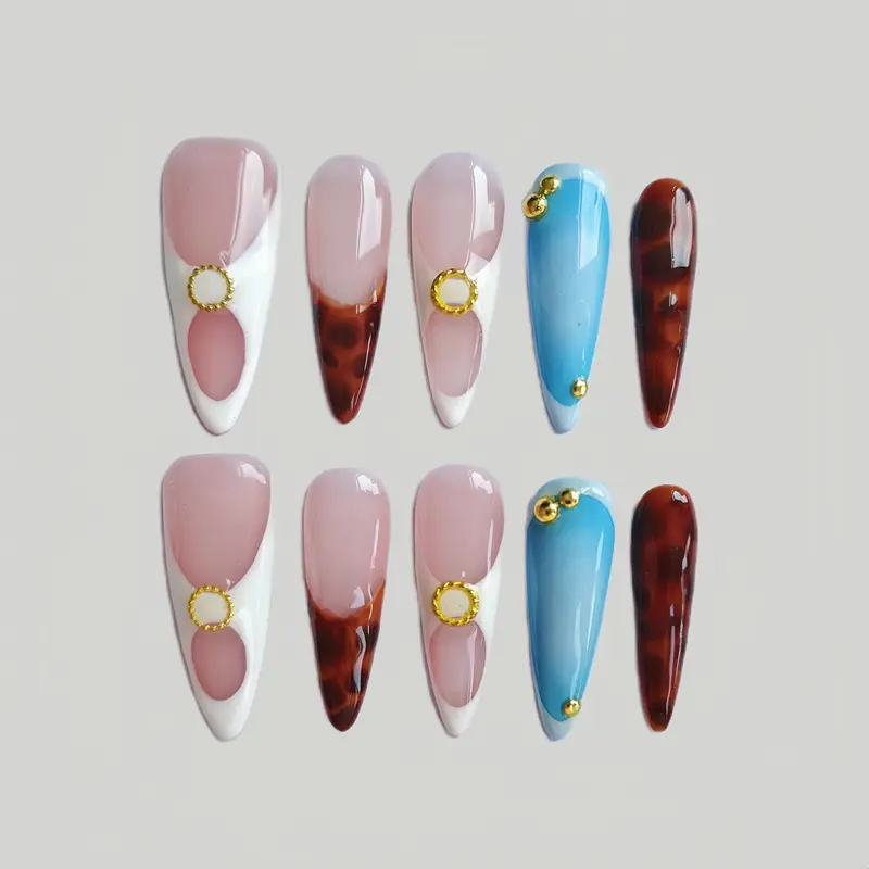 Nail Plus Handmade Retro Geometric Press On Nails, 10PCS Long Almond Acrylic Nails with White Blue Tortoise Shell Design & Gold Bead Rings, Reusable Nude Base Minimalist Nail Art Set for Women, Chic DIY Stick On Nails, Salon Quality