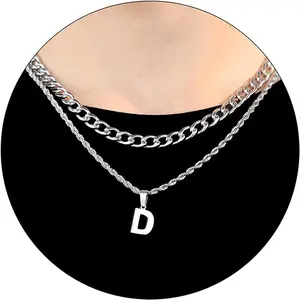 Layered Initial A-Z Letter Necklace for Men Stainless Steel Figaro Twist Rope Chain 18-20inch Personalized Letter Charm Pendant Jewelry Gift for Women