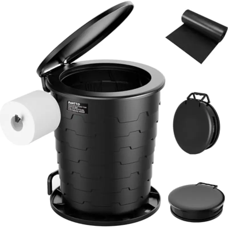 PAHTTO Portable Adult ABS Plastic Toilet - Foldable Retractable Porta Potty with Toilet Paper Holder, Ergonomic Lid, Adjustable Height, Non-Slip Base, 450lbs Capacity, Trash-Can Mode, Camping/Hiking/Fishing Supplies, Travel Accessories