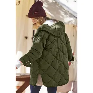 Women’s quilted puffer jacket with hood, long sleeves, zip-up front—lightweight, warm winter coat with pockets