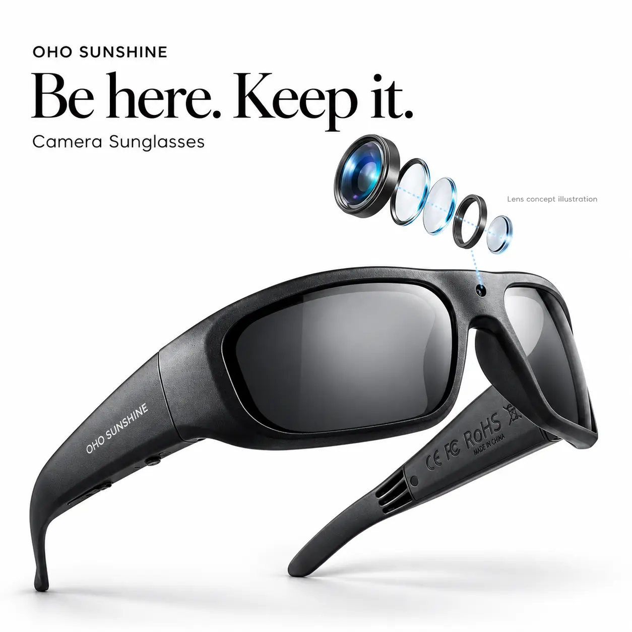 OHO SUNSHINE Vidsoul Smart Eyewear - TR90 Frame Sunglasses with Cameras, 1080P POV Video, Photochromic UV400 Lenses, USB OTG, Hands-Free Wearable for Hiking, Fishing