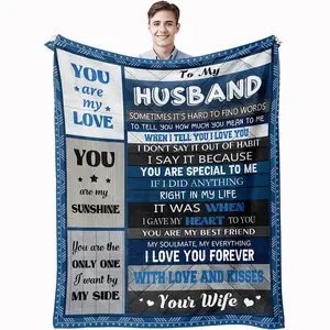 To My Husband from Wife Love Letter Gift Soft Cozy Flannel Blanket Blue Wood Grain Romantic Quote Print Plush Throw Warm Fuzzy Bedroom Sofa Blanket Perfect Anniversary Birthday Valentine's Day Gift for Husband Men Home Decor