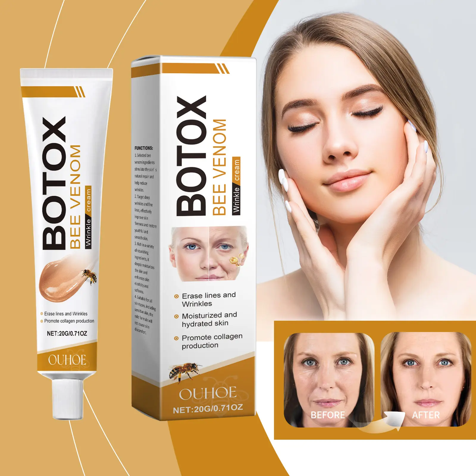 OUHOE Bee Venom Wrinkle Cream Organic Face Cream,  Facial Moisturizer Temporary Face Tightener, Tighten Firm and Smooth Facial Area, Minimize Appearance of Fine Lines and Deep Wrinkles- Moisturize your skin with one simple ingredient