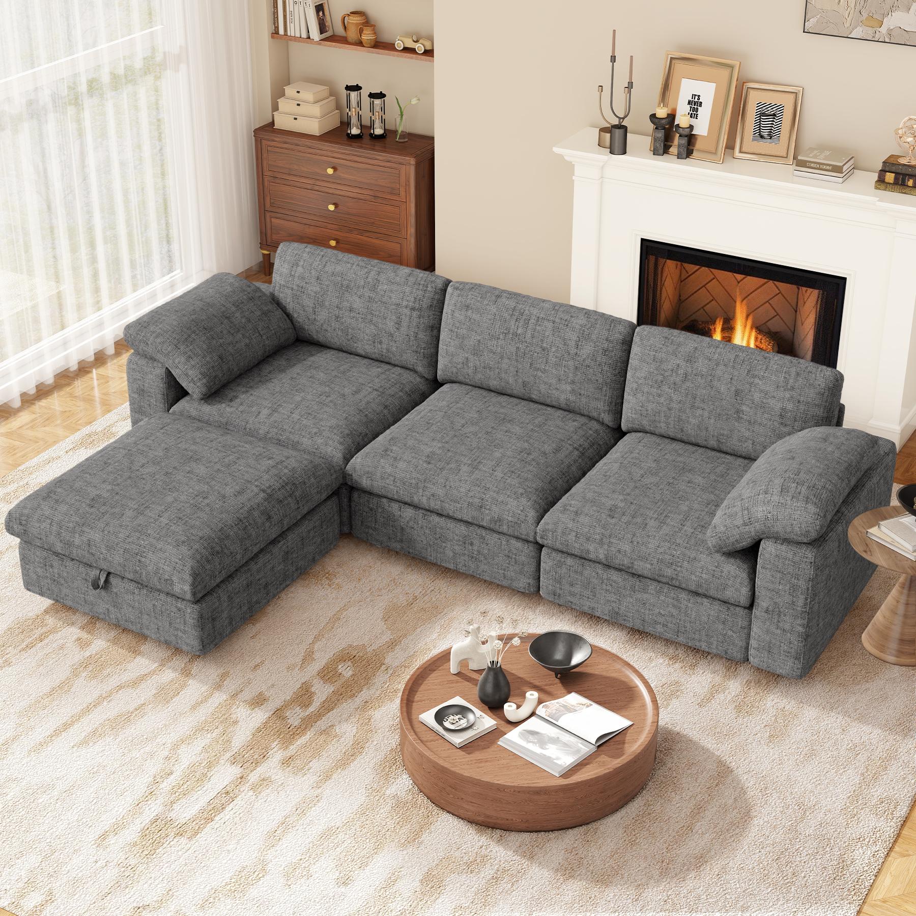 【Shipped in four Packages】118" L Shaped Modular Sectional Sofa, Oversized 3-Seater Convertible Cloud Couch, Modern Chenille Sectional Couches for Living Room, Cream White 1 PCS