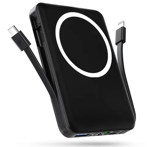 10000mAh MagSafe Magnetic Wireless Fast Charging Portable Battery Pack with Stand, 22.5W PD, Built-in USB-C/Lightning Cables, 3 Ports, LED Display, Batteries Built-in Cells for iPhone 17/16/15/14/13/12 & Android Devices