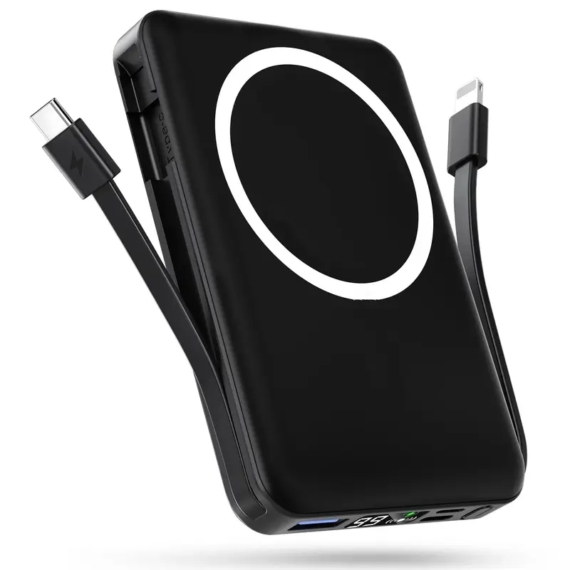 10000mAh MagSafe Magnetic Wireless Fast Charging Portable Battery Pack with Stand, 22.5W PD, Built-in USB-C/Lightning Cables, 3 Ports, LED Display, Batteries Built-in Cells for iPhone 17/16/15/14/13/12 & Android Devices