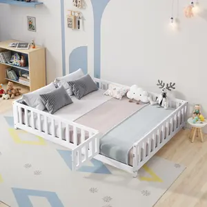 Full Size Floor Platform Bed with Fence and Door, Floor Bed Frame with Support Slats, Wooden Floor Bed for Bedroom, White