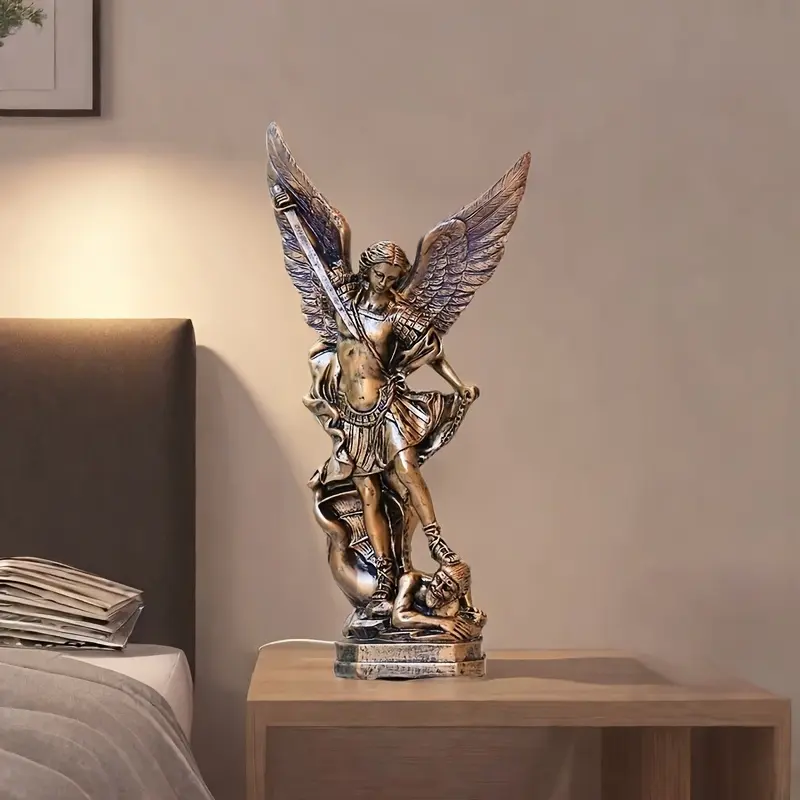 1pc Classic Saint Michael Angel Statue - Resin Demon Killer Figurine with Gold Signature Cross Symbol, Hand Engraved Rosary, Gothic Style Religious Home Decor, Desktop/Tabletop Ornament, Holiday Gift, Stylish Religious Decor, Desktop Decor