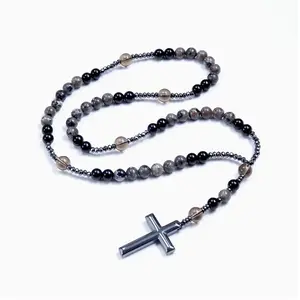 Unisex B Eclat Mystique Natural Obsidian Yooperlite Rosary Necklace UV Reactive Protection Necklace Hematite Stone Cross Pendant Necklace Gift for her, gift for him,Hip-Hop Necklace