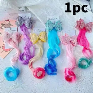 1pc Kawaii Sequin Bow Rainbow Curly Hair Extensions, Kids Gradient Wig Hair Clips, Hair Accessory, Perfect for Birthday Party, Cosplay Show, Daily Hairstyle Decor Gifts, Hair Bows