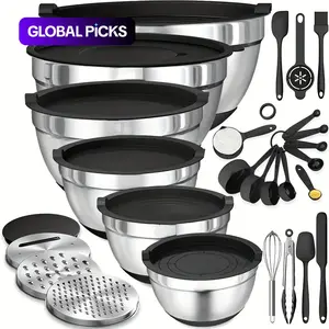 Stainless Steel Mixing Bowl Set, 18pcs/set Utensils Including Mixing Bowls, Salad Serving Bowls & Sealing Lids & Grater Attachment & Other Accessories, Modern Home Kitchen Gadget Set