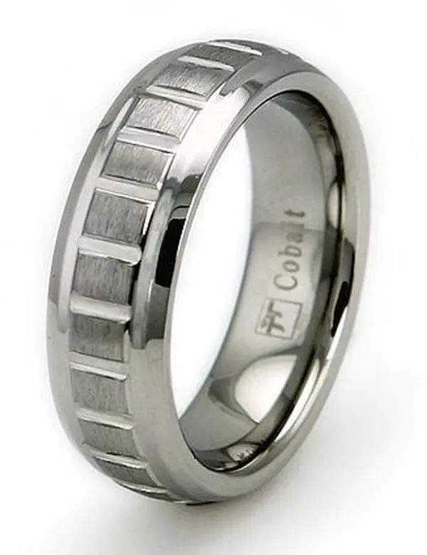 EWC R60069-100 Brushed Cobalt Chrome Grooved Design Ring, 7mm, High Polish Edges, Size 10, Everyday Fashion Accessory