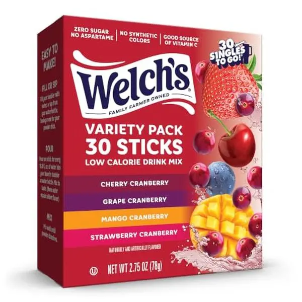 Singles To Go! Welch's Water Drink Mix, Cranberry Variety Pack, 30 Packets | No Synthetic Colors, Sugar Free, Aspartame Free, 5 Calories, Water Flavor Packets, Just Add Water