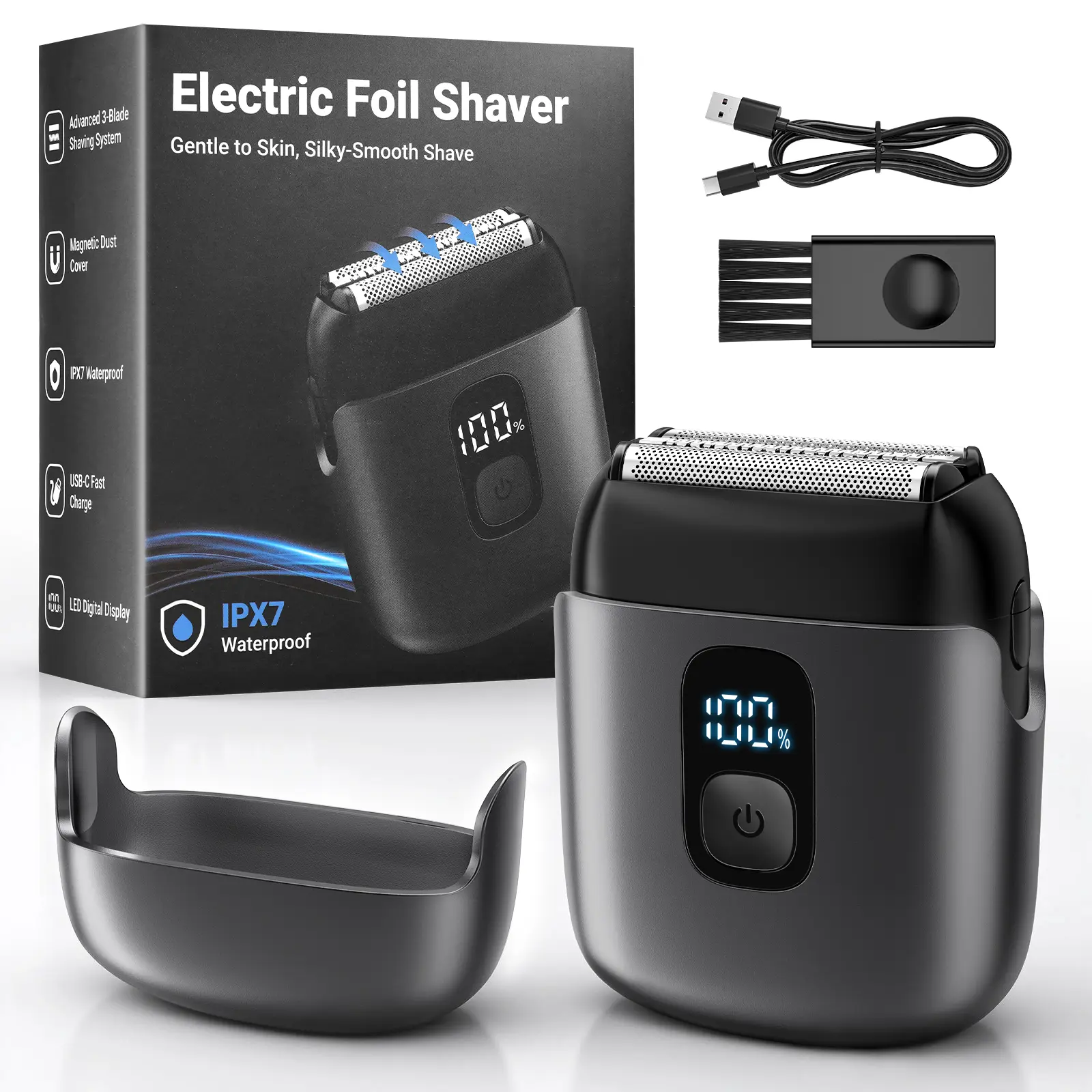 Electric Shaver for Men, Wet & Dry Foil Beard Trimmer with LED Display, USB Rechargeable Portable Razor for Daily Travel