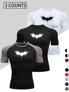 3-Pack Men's Quick-Drying Compression T-Shirts - High-elasticity, breathable athletic shirts with a bat pattern, suitable for all seasons. Ideal for fitness, running, basketball, and training.  Moisture-wicking, close-fitting design
