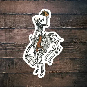 Skeleton Cowboy Riding Skeleton Horse Sticker, Skeleton Rider, Cowboy Skull, Halloween Sticker.