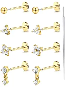 18K Gold Plated Threadless Flat Back Earrings Studs 316L Steel Push in Nose Studs Rings 20G 18G 16G CZ Tragus Cartilage Helix Conch Lip Labret Medusa Nostril Piercing Jewelry Hypoallergenic