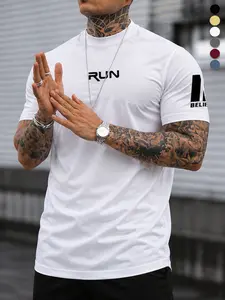 Men's letter-printed slim-fitting short-sleeved T-shirt, multi-color optional, elastic and breathable fabric, sports and fitness, daily leisure adaptation, simple trendy and comfortable versatile models