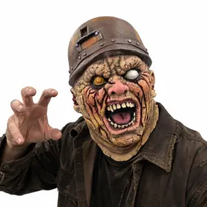 Realistic Bloody Zombie Miner Latex Mask, Scary Full Head Horror Mask with Helmet, 3D Wound Details, Halloween Costume Mask for Adults