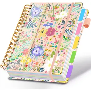 Spiral Journal Notebooks for Work, 300 Pages 5 Subject Notebook College Ruled with Dividers & Tabs, 8''x 10'' Large Notebook Journal for Women Students Note-Taking and Organizer (Beige Bloom)