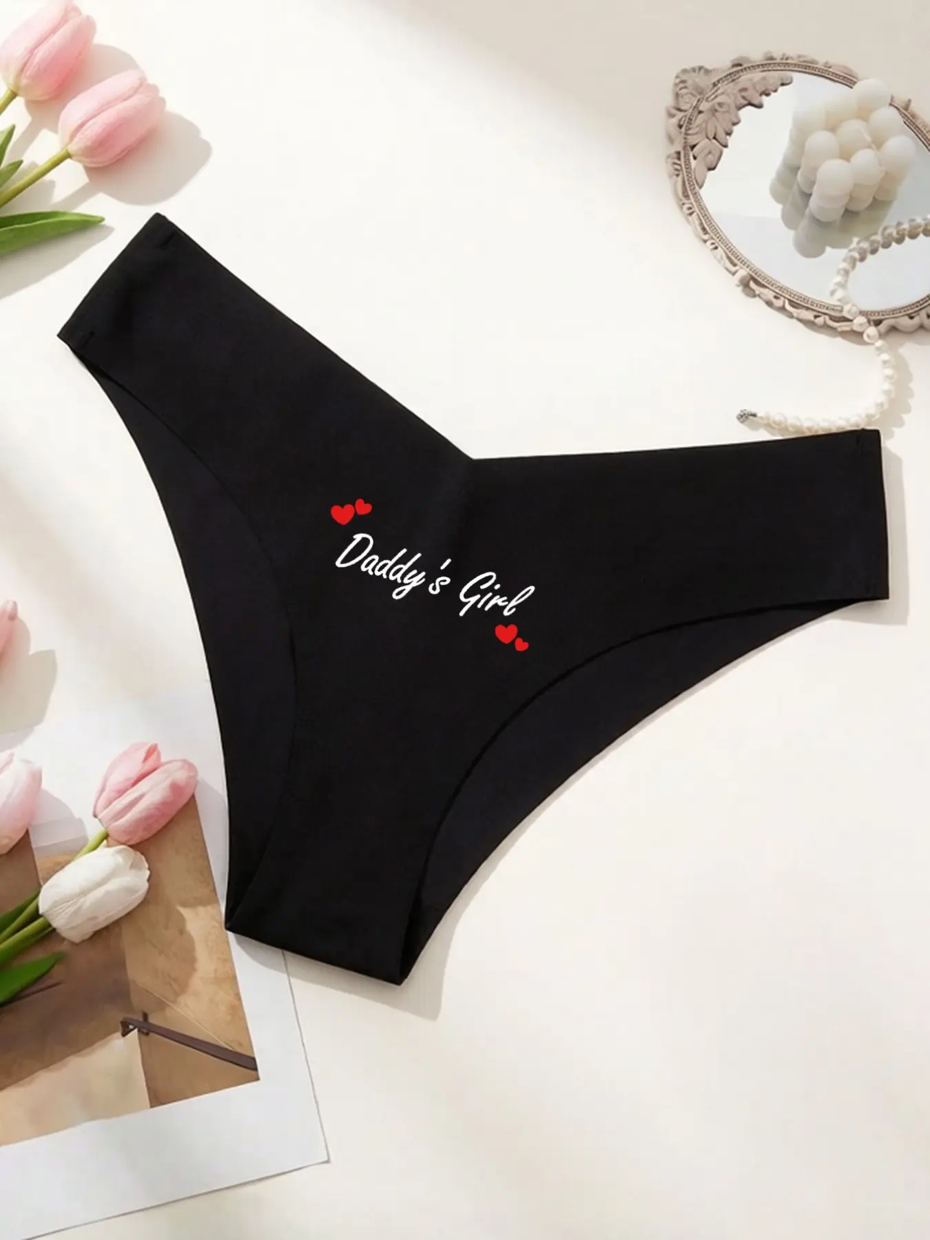 Women's Triangle Panties, Sexy V-Shape Waist Design, Fashionable Daddy's Girl Print, Letter Print Underwear, Seamless Underwear, Seamless Knickers, Slim-Fitting, Casual, All Seasons, Lingerie