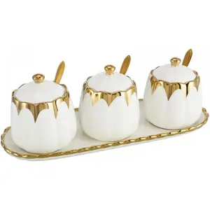 Porcelain Condiment Jar Spice Container Set of 3 with Lids Spoon Tray Modern Seasoning Box for Home Kitchen Counter White gold