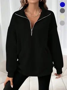 Women's Solid Pullover Sweatshirt, Pure Color + Zip Design, Comfortable and Fashionable, Casual Fitted Top for Spring & Fall