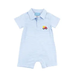Dump Truck Light Blue Stripe Polo Romper - Soft Knit 1Pc Outfit for Little Boys