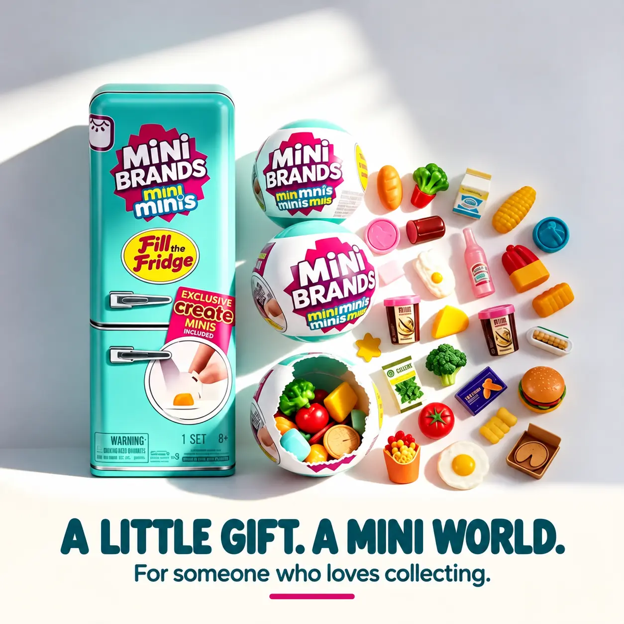 Mini Fridge Playset, Fill The Fridge Pretend Play Toy with Mini Food Accessories, Surprise Collectible Capsules, Tiny Grocery Store Role Play Set, Interactive Kitchen Toy for Creative Play, Birthday Surprise Gift