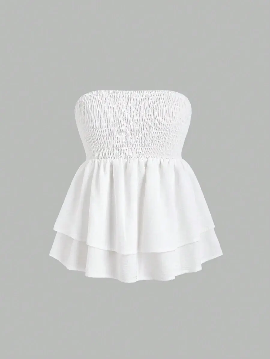 Summer Casual Solid Color Ruffle Hem Bandeau Top Y2K