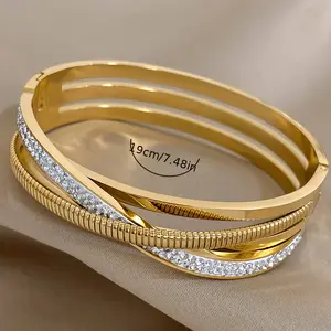 Rhinestone Embellished Spiral Bangle - Fashion Stainless Steel Jewelry - Irregular Layered Design, Durable, Shiny, and Stylish Accessories for Women
