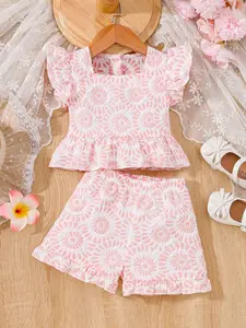Baby Girl Floral Texture Square Neck Sleeveless Top Shorts Set, Cute Summer, New Fashion 2026, Outdoor Wear