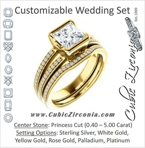 CZ Wedding Set, featuring The Monami engagement ring (Customizable Bezel Princess Cut with Split-pavé Band Accents & Euro Shank)