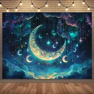 One charming moon and star tapestry - dreamy night sky with sparkling stars, intricate clouds and crescent moon patterns, suitable for decoration in living room, bedroom or office. Moon-themed decoration