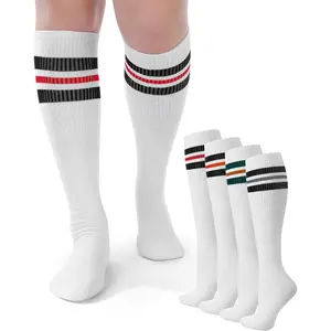 4 Pairs Striped Tube Socks for Men School Cotton Athletic Triple Stripe Knee High Socks Size 10-13