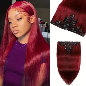Wholesale 2025 Arrived Clip In Human Hair Extensions Burgundy Wine Red 99J Hair Straight Real Human Hair Extensions Clip In 120g 10-24 Inch Red Clip In Extensions Virgin Hair Extensions 8pcs/set