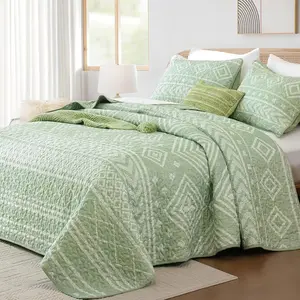 Sage Green Boho Set King Size, Summer Stripe Bedspreads Bedding Set, Aztec Bohemian Lightweight Coverlet Set with 2 Shams for Bed 106x90 Inch